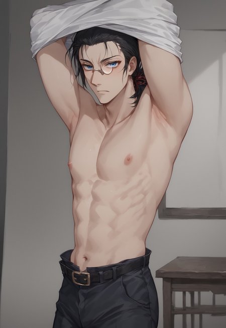 safe_pos, score_9, score_8_up, score_7_up, masterpiece, best quality, Expressiveh, 1boy, solo, looking at viewer, suprised, (side view:0.6), wide eyed, arms up, shirt over head, (shirtup), undressing, naked chest, shocked, angry, annoyed,
 BREAK DarkWalter, blue eyes, black hair, back slicked ponytail, monocle, monocle over left eye, red hair ribbon, thin body,
BREAK bedroom, standing in front of wardrobe, wide shot