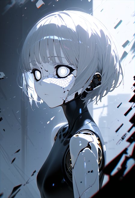 1girl, solo, abandoned android, doll joints, mechanical eyes, cracked ceramics skin, (polarized, glitch art:1.2), foggy, white theme, score_9, score_8_up, score_7_up,