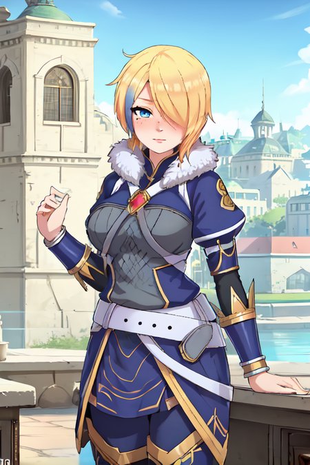 <lora:Claire Liver020-10:0.7> , claire-liver020, blonde hair, 1girl, blue hair, hair over one eye, multicolored hair, solo, blue eyes, armor, short hair, mole, mole under eye, fur trim, braid, jewelry, streaked hair, earrings, belt, boots, town, houses, blushing, sexy,, 1 girl, 20yo, Beautiful Fingers, Beautiful long legs, Beautiful body, Beautiful Nose, Beautiful character design, perfect eyes, perfect face, looking at viewer, (innocent_big_eyes:1.0), official art, perfect lighting , Colorful, Bright_Front_face_Lighting, (masterpiece :1.0), (best_quality:1.0), ultra high res,4K, ultra-detailed, photography, 8K, HDR, highres, absurdres:1.2, Kodak portra 400, film grain, blurry background, lens flare, (vibrant_color:1.2) , (Beautiful,large_Breasts:1.4), (beautiful_face:1.5), (narrow_waist),