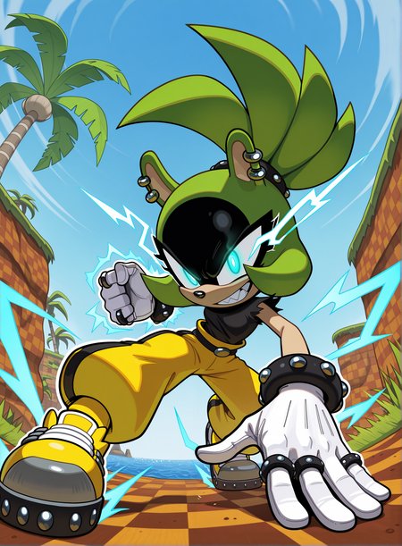 1girl, solo, full body, no humans,
<lora:Surge-the-Tenrec_v4:1> surge the tenrec, black face, aqua eyes, topknot, piercing, earrings, studded bracelet, studded hair tie,
white gloves, ring, black shirt, torn sleeves, yellow pants, baggy pants, belt, grey sneakers, yellow sneakers,
glowing eyes, evil grin, bright pupils, electricity, aura, fighting stance,
<lora:Green_Hill_Zone-IL:1> gr33nh1ll, outdoors, blue sky, palm tree, grass, water, checkered dirt,
<lora:DynamicPoseIL2att_alpha1.0_rank4_noxattn_900steps:1> dynamic pose, foreshortening, extreme perspective, extremely detailed, highres, masterpiece, best quality