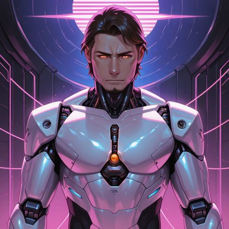 masterpiece, best quality, amazing quality, absurdres, newest, detailed background, definition so sharp, Ultra-HD, 8K cinematic, very awa, impressionate, amazing quality, highres, 
solo, male focus, manly, shadow, shiny skin,
shimonmakusu, shimon_brunette, shimon_orange eyes, 1boy, short hair, stubble, goatee, mature male, cybernetic, robot_arm, glowing_eyes, futuristic_clothing, enforcer, android, precision, cold_logic, mechanical_parts, integrated_tech, dystopian, synthwave, sharp_lines, augmented