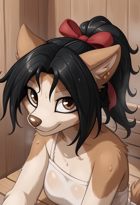score_9, score_8_up, score_8, raw, source_pony, (8K), masterpiece, high quality, detailed, perfect quality, good quality, vector,
BREAK, 
P3pp3r,1girl,solo,furry female,dog girl,brown eyes,dog ears,earrings,animal nose,snout,long hair,black hair,ponytail,hair ribbon,dog tail,body fur,white fur,brown fur,two-tone fur, looking at viewer, (face focus, face close-up, close-up), short girl, petite, petite body, open door to sauna, steam, steaming coming out from sauna, hot sauna, sits on wooden sauna seat, sitting on towel, sweat, sweating, wet hair, happy, smile, closed mouth