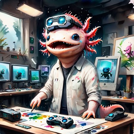 axomodelxl, axolotl dressed as a virtual reality game developer, designing a new game, in a high-tech studio, (watercolor style)