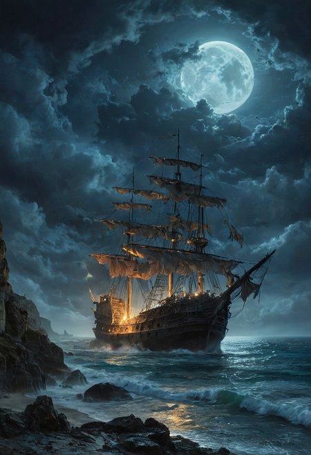 Under the eerie glow of a full moon, a dark and ominous landscape unfolds. A vibrant, (spaniard galleon:1.4) stands by the edge of a serene ocean, its vivid hues contrasting starkly with the foreboding atmosphere. In the background, a lighthouse stands atop jagged rocks, its light cutting through the darkness and reflecting off the ocean's surface, glistening in the moonlight. Thick, swirling clouds loom overhead, adding to the sense of an evil presence. The moonlight filters through the clouds, casting an otherworldly glow over the scene. A falling star streaks across the sky, adding a touch of mysticism to the night. The air is thick with a sense of ancient secrets and dark magic, as if the very night is alive with hidden power.