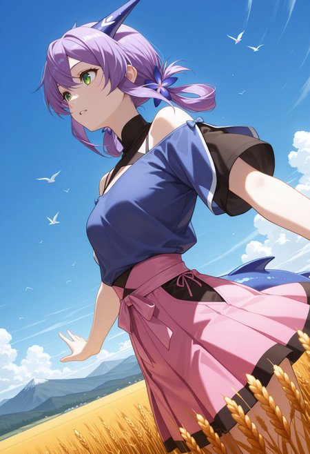 masterpiece,best quality,absurdres,highres,very aesthetic,high quality,detailed,insanely detailed,beautiful,
 wheat field, outdoors, wind, spread arms, outstretched arms, dutch angle, looking ahead, , wheat, blue sky, bird, mountainous horizon
 <lora:Flatorte illu:1> 1girl, purple hair, long hair, green eyes, hair ornament, dragon girl, dragon tail, bare shoulders, blue shirt, off shoulder, short sleeves, pink skirt,