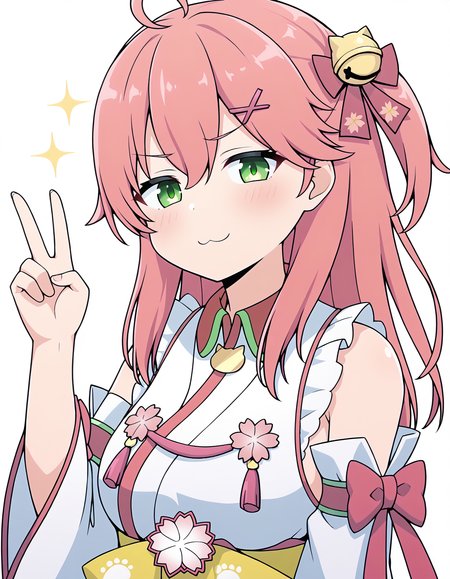1girl, sakura miko, sakura miko \(1st costume\), hololive, :>, ahoge, bell, cherry blossom print, detached sleeves, floral print, flower, green eyes, hair bell, hair ornament, half-closed eyes, jingle bell, one side up, paw print, paw print pattern, pink flower, pink hair, solo, sparkle, upper body, v-shaped eyebrows, v over head, virtual youtuber, white background, x hair ornament,  <lora:miko:1>