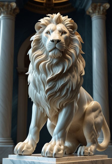 3D render of a majestic lion sculpture, hyper-realistic, intricately detailed fur, powerful stance, dramatic lighting, by Robert Kondo and Paul Komoda, high resolution, polished marble texture, museum quality display, showcasing strength and grace, with a naturalistic background. 
3d-rendering, concept-art, digital, dreaminess, futuristic, multimedia, sculpture, virtual-reality
concept-art, awesome full color, fantasy, epic, majestic, magical, dreamy, perspective, light and shadow, moody, epic, 
beautiful, painterly, aesthetic, textural, vivid, vibrant, intricate details, highly detailed, ultra-detailed, absurdres, 
fflixmj6, WhiteMold