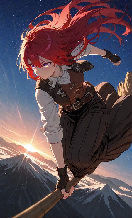 masterpiece, sharp detail, intricate detail, 1girl, detailed eyes, gradient eyes, highly detailed hairs, red hair, long hair, belt, long skirt, vest, fingerless gloves, dynamic pose, dynamic angle, standing,  <lora:Broom Surfing:0.8>, broom surfing, holding broom, long shot, partially illuminated, dappled light, dramatic shadows, cinematic lighting, detailed background, light and shadow contrast, starry sky, mountain, landscape,