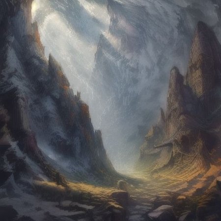 ((Masterpiece)), realistic digital painting of the hall of the mountain, official art,  perfect composition, cinematic lighting, crepuscular rays,