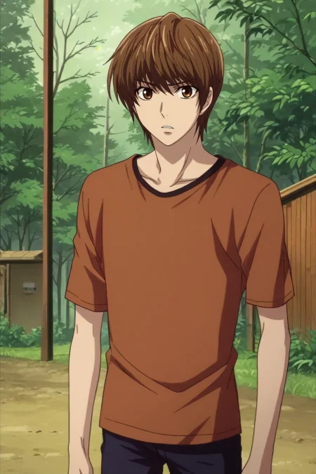 zPDXL, score_9, score_8_up, score_7_up, rating_safe, intricate details, , , 1boy, male focus, <lora:naohito_sakuragi_pony:0.70>, naohito_sakuragi, brown hair, brown eyes, short hair, solo, cowboy shot, cabin, forest, campfire, day, sunny, pose, speaking, talking, <lora:death_note_style_pony:1.12>, death_note_style, , <lora:sdxl_lightning_8step_lora:1>