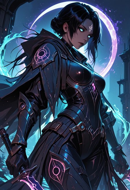 (masterpiece), (best quality), 8k, 1girl, celestial assassin, intense low lighting, glowing crescent blades, dual-wielding, shadowed face, glowing eyes, dark eclipse sky behind her, glowing voidlight aura, mystical sigils on ground, standing on fallen enemy, long flowing cloak fluttering, sci-fi fantasy armor with celestial patterns, moonlit silhouette, cinematic perspective, ethereal particles, solemn expression, radiant eclipse corona, sleek asymmetrical hairstyle, atmosphere of silent finality,
Unique, close up, cowboy shot, dutch angle, foreshortening,