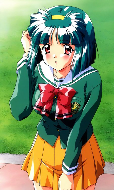 general,highres, ultra-detailed,very aesthetic,best quality ,best hands, BREAK <lora:Sakura_Kaedeko_Tokimeki_Memorial2_IS:1>
Sakura_Kaedeko(Tokimeki_Memorial2), 1girl, solo, short hair, green hair, yellow hairband, red eyes, bangs, breasts, 
school uniform,  bow, green shirt, long sleeves, shirt, pleated skirt, orange skirt, red bow, sailor collar, 
looking at viewer, open mouth, yellow skirt, jacket, :o, cowboy shot, standing,
blue sky, grass,