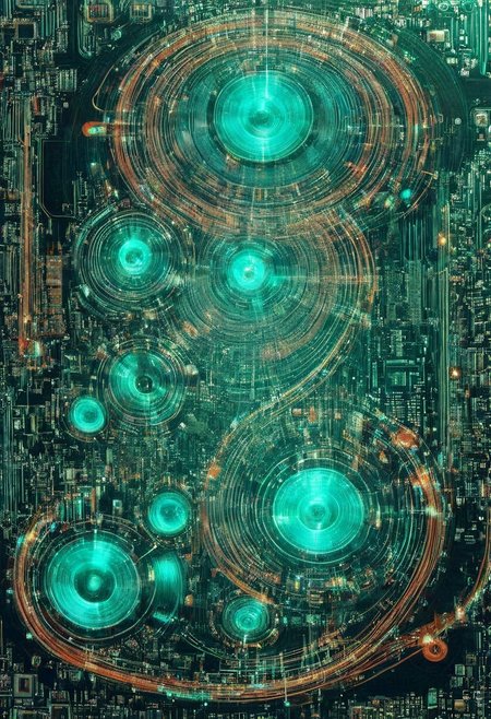 double exposure of opera diva Hatsune Miku with long floating aqua twintails singing high note merging with a printed circuit board of Yamaha electronics chip processor, <lora:DoubleExposure:1>, (head:1.8), <lora:The Phantom of the Opera style:1.5> The Phantom of the Opera style, <lora:loraeyesxl:0.4>