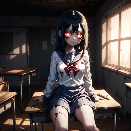 packetstyle, indoors, sitting at a desk in a dark abandoned classroom, a girl with glowing eyes and a torn school uniform reads a book