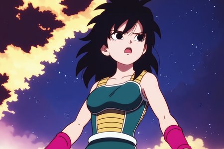 source_anime, score_9, score_8_up, score_7_up, anime screencap, absurd res,
gine, official style, 1girl, shadow, solo, long hair, breasts, open mouth, star \(sky\), black hair, night sky, bare shoulders, medium breasts, collarbone, upper body, cowboy shot, medium hair, :o, black eyes, floating hair, looking away, from below, spiked hair, pink wristband, arm at side, serious, arms at sides, looking afar, monkey tail, saiyan armor, eyebrows, green saiyan armor, looking at another, white trim
 <lora:Gine_v1:0.8>