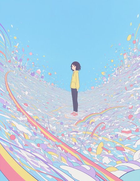 masterpiece,  best quality, newest, highres, absurdres, <lora:hebitsukai_style:1>,hebitsukai_illu, short hair, solo, 1girl, colorful, standing, flat color, rainbow, long sleeves, blue background, pants