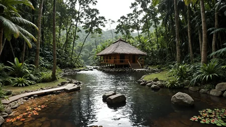 photo, photography, Fujifilm XT3 Viltrox, ((very detailed)), sharp focus, sharp background,  best quality, beautiful landscape, rainforest, jungle, sacred earth, stream, water ripples reflections, (small river pond), rainforest, hut, tribal amazon village, stunning nature environment, (bright sunny sky), high contrast, cinematic (lights), backlight, shadows, lens flare, vibrant colors, colorful, Columbia Green flowers and leaves,  <lora:add-detail-xl:1>  <lora:Better Blur Control:1>