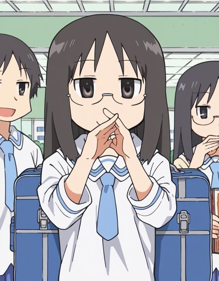 score_9, score_8_up, score_7_up, source_anime, <lora:mai-minakami-s1-ponyxl-lora-nochekaiser:1>, mai minakami, long hair, black hair, glasses, black eyes,, skirt, school uniform, necktie, tokisadame school uniform, airport, waiting area, suitcase, flight delayed, passengers, reading book, smile, <lora:ojou-sama-pose-ponyxl-lora-nochekaiser:1>, ojou-sama pose, laughing, smug, hand to own mouth, open mouth,, looking at viewer, solo,, dutch angle, cowboy shot