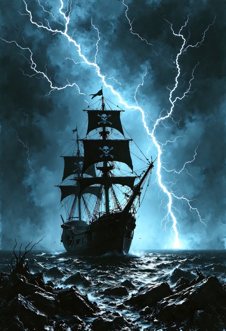 devast8,a pirate ship with a jolly roger flag is sailing in rough waters as a might lightning storm rages overhead.  the thick bolts of lightning shooting across the sky around it.