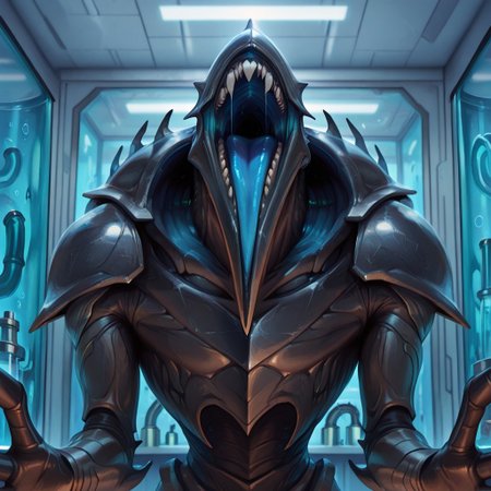 masterpiece, best quality, amazing quality, 1boy, male focus, JinGitaxiasMTG, phyrexian, armored skin:1.2, eyeless, solo, monster, open mouth, drool, teeth, claws, laboratory, upper body, looking at viewer, front view, blue tongue, m4g4ngz