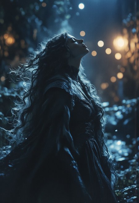 A  woman with shrouded hair and a cascade of billowing, feathered cloak, stands in a dynamic, organic environment, as if transported from a dream. Her face is tilted upwards,  Her hair flows behind her like a river of night, interwoven with neon and black hues, evoking the enigmatic essence of a Satoshi Kon anime. The atmosphere is heavy with mystery, as if the very fabric of reality has been woven into her being. The lighting is atmospheric, with deep shadows and an otherworldly glow, as if the scene has been plucked from the realm of the surreal. Every detail, from the intricate patterns on her cloak to the delicate texture of her skin, is rendered in exquisite, analog detail, as if the image has been captured by a master photographer. The overall effect is one of haunting beauty, as if the woman is a creature from a realm beyond our own, beckoning us to enter her mystical world.