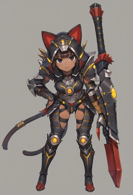 (score_9:0.9),score_8_up,score_7_up,rating_safe,anime style,(zPDXL),<lora:Almudron armor ponyXL v1:0.73>,1girl,black mechanical cat tail,black cat hood,solo,dark-skinned female,huge weapon,black eyes,brown hair,full body,looking at viewer,holding weapon,black hair,closed mouth,almudron armor,bend over,full armor,black thigh armor,black knee boots,black claw gauntlets,