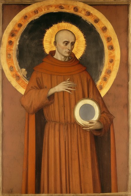 <lora:Simone Martini Style:1>Simone Martini Style - a monk holds a mirror in front of the sun in early medieval paint