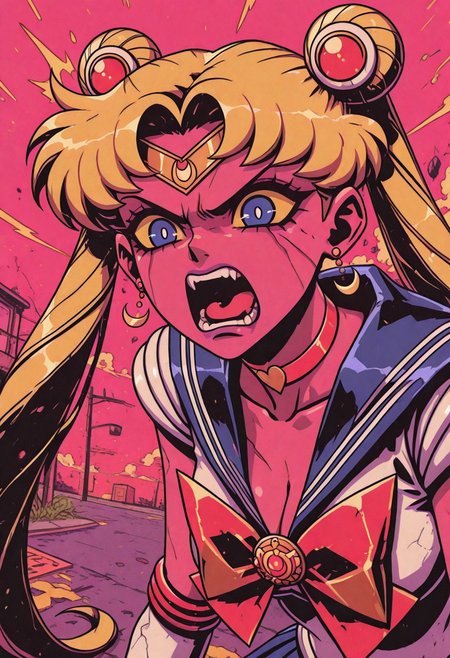 Overnoizz, female character concept,fabulous artwork,best quality,high resolution,fisheye view.
sailor moon, blonde hair, blue eyes, open mouth, aggressive, surprised, angry. 
pink background