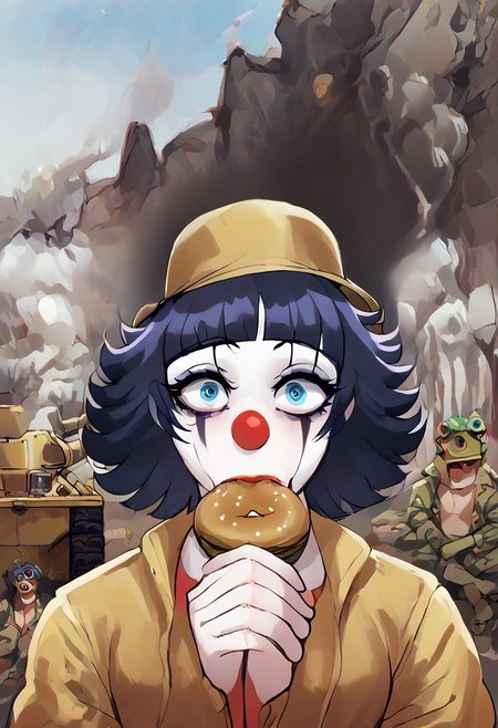 score_9, score_8_up, score_7_up, score_6_up ,Be1nn1e, TSMPK Style, morimee_style, XUER guangying, cms,
jermaWhopper, eating, burger, looking at you, upper body,
military action in background, exhausted, shocked, looks at viewer,
tmby-chan, 1boy, 1girl, female, full body, solo, pepe_frog, 
horny face, ahegao, clown, clown makeup, cred clown nose, dripjacket, own hands together,
close-up, close view, face focus,