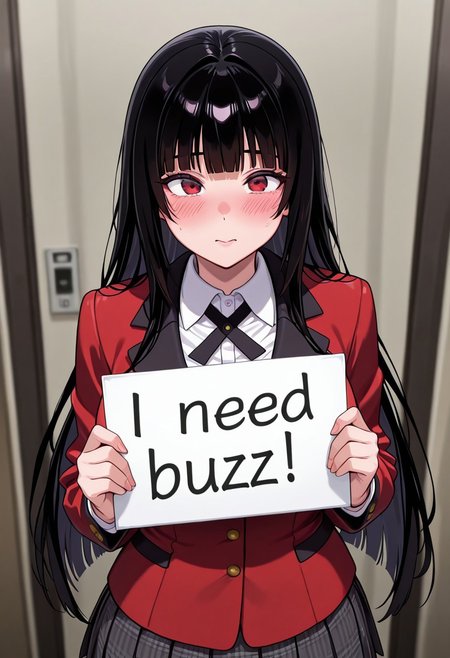 masterpiece, best quality, amazing quality, 8k,  face focus, face only, 1girl, need_buzz, holding sign, solo, jabami yumeko, black hair, long hair, blunt bangs, school uniform, red blazer, collared shirt, pleated skirt