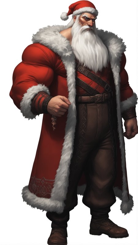 score_9, score_8_up, score_7_up, a (santa claus with and a red santa suit and hat with white fur collar:1.2) in (tactical vest:1.2), (long white beard:1.4), (white hair:1.4), (closed mouth:1.2), (blue eyes:1.3), big belly, (fat muscled body, large biceps:1.2), (white background:1.2), character design, concept art, detailed face, high Detail, Sharp focus, dramatic, (full body shot:1.2), solo, <lora:ArtgermLycoXL:0.5> <lora:c0rb3nXLP:0.5> c0rb3n <lora:detailed_hands:1> hands, <lora:ComicsPonyXL_V2:0.7> Comistyle <lora:Expressive_H-000001:0.2> Expressiveh <lora:Nicholas_St._North:0.5> nstNorth, old male, long beard, coat,