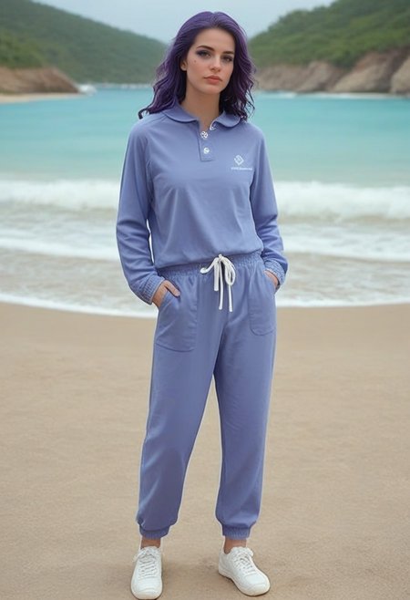 Stable_Yogis_PDXL_Positives 
<lora:train_Sweat_Suit_by_Stable_yogi_bsy_PONY:0.8>
 wearing a 99sweatsuit99 in Cyan color,   pockets, long sleeves, full body,  shoes,
beautiful face, Editorial makeup style, Shaggy layers hairstyle, Indigo purple hair_color, tropical beach with rocky cliffs