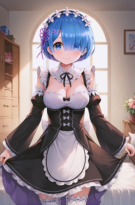 <lora:1_Style_Ayamy_local:0.7> ayamy, by ayamy, smile, closed mouth,  <lora:ReZero_Rem_XL:0.8> rem, 1girl, blue eyes, blue hair, hair ornament, hair over one eye, hair ribbon, short hair, x hair ornament, apron, black ribbon, black skirt, black sleeves, detached collar, detached sleeves, flower, frilled apron, frilled skirt, frills, head wreath, long sleeves, maid, miniskirt, neck ribbon, purple ribbon, ribbon, ribbon trim, ribbon-trimmed sleeves, roswaal mansion maid uniform, short hair, skirt, thighhighs, waist apron, white apron, white thighhighs, cleavage, large breasts,, <lora:9_Detail_Tweaker_XL:0.8>, score_9, score_8_up, score_7_up, source_anime, masterpiece, best quality, highly detailed background, cinematic lighting, detailed eyes, perfect face,, lazy, teenager room, messy, bedroom, bed sheet, closet,