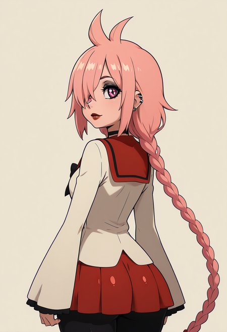 masterpiece, best quality, solo, curvy, beautiful eyes, narrow waist, wide hips, 1girl, solo, smile, looking at viewer,   zzKaede, pink eyes, hair between eyes, ahoge, antenna hair, long hair, pink hair, single braid,  school uniform, choker, sleeves past wrists, red skirt, black pantyhose,   ,<lora:KaedeByKurumiErika_IXL:1.0>, , solo, looking at viewer, simple background, ass, cowboy shot, looking back, from behind, hair over one eye, lips,  skindentation, makeup, piercing, cross, lipstick, ear piercing, eyeshadow, shiny clothes, gothic, <lora:ElfFio_IXL_v2:0.8>,