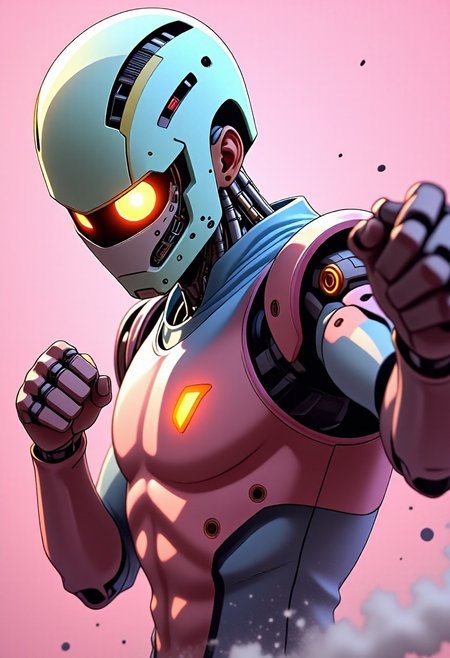 nistyle, ajpasbot. Hyperdetailed high Quality cgi Artwork, A extrem detailed Upper body Photography of futuristic G3nos genos from one punch man AS humanoid robot in fight stance, structure with tiny futuristic exoskeleton like biomechanical structures, delivering powerful Punch, flying debris and Motion lines, translucent pastel colored, atmospheric lighting, atmospheric Haze,