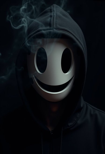 The photograph is a close up of a man wearing a highrise_mask with no nose and no mouth.. The photograph gives off a mysterious vibe with a black background and white smoke