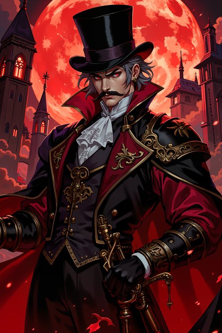 A vampire aristocrat soars in perfect form, his enchanted tophat containing a pocket dimension of weapons. His cane conceals a blade of crystallized moonlight that sings as he strikes. His evening wear is actually ancient armor glamoured to maintain appearances. Gothic spires loom against a blood-red moon behind him. His perfectly groomed mustache defies gravity, red eyes gleam with predatory grace, and his pale features broadcast noble contempt. , detailed background  Fantastic lighting. Detailed shadows.intricate details, vivid colors, hyper-detailed, ultra-sharp, , <lora:XRSTYLE_FLUX:0.7><lora:RetroAnimeFluxV1:0.4><lora:MoriiMee_Gothic_Niji_Style_FLUX:0.3>