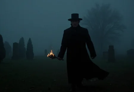medium shot of a puritan man in a black coat and black hat walking over a foggy cemetary, holding a torch in one hand, low light at night <lora:hammer-000073:1>