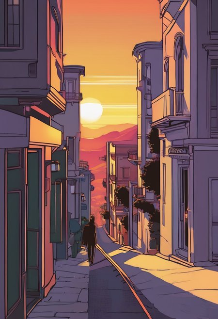 Minimalist, (Masterpiece Digital Artwork:1.3) of (Graphic novel:1.3),(Peaceful:1.3) Neon grey, ceramic,imaginative,dreamlike,unusual,primordial, fantasy, masterpiece, highly detailed,<lora:attractive_notrigger:0>, <lora:ancient_shadows_of_the_lens-FluxDev:1> ,(by Artist Theo Van Rysselberghe:1.3),CGSociety,ArtStation,(Funk Art:1.3),(Kodak Portra:1.3), Simple, clean, uncluttered, futurustic city,  elegant, the sun setting in the distance