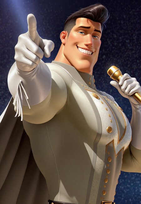 masterpiece, best quality, amazing quality, detailed background, intricate details, dynamic, cinematic, animated, anime realistic shading, solo, male focus, 1boy, handsome, m3tr0, dark hair, white sideburns, pompadour, blue eyes, muscular male, upper body, white and grey bodysuit, cape, white gloves, white boots, fringed gloves, fringed boots, belt, sultry look, flirting with viewer, smug, teeth, microphone, holding, pointing at viewer, abstract background