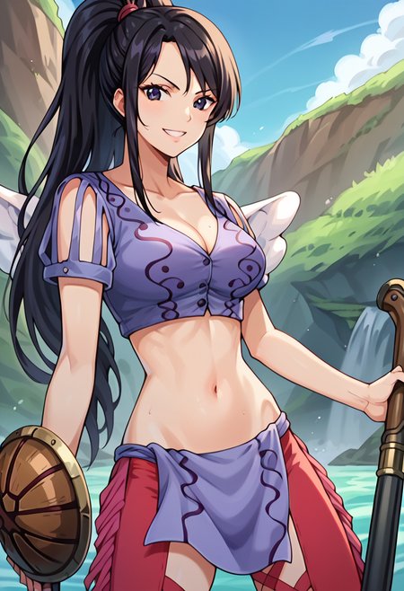 score_9, score_8_up, score_7_up, score_6_up, score_5_up, score_4_up, 1girl, Laki, purple cropped jacket, red legwear, leg cutout, fringe trim, purple loincloth, arm shield, rifle, holding weapon, wings, black hair, ponytail, sidelocks, hair knot, black eyes, looking at viewer, smile, cute, outside, detailed background, <lora:Laki_pony:0.9>