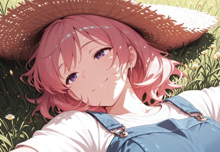 (masterpiece), best quality, amazing quality, very aesthetic, absurdres, newest, medium close up, solo, woman, CivChan, purple eyes, pink hair, blue jean overalls, t-shirt, warm smile, big straw hat, laying in a field of spring wildflowers, eyes half closed, overhead shot, stretched out, taking a nap, letting the spring breeze cool her off after a hard day's work destroying civbot, ultra-detailed, cinematic lighting. <lora:CivChan:1> <lora:add-detail-xl:1>,  Smooth Quality,  <lora:studio_ghibliILL:.8> studio_ghibli