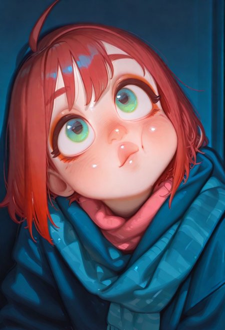 artist:moriimee, detailed face,face focus, looking up, thinking, curious, head tilt, finger to mouth, ultra-detailed-eyes,glossy lips,beautiful eyes,long eyelashes,big eyes,detailed eyes,perfect eyes,detailed iris,sharp jawline,detailed background, masterpiece,amazing quality,best quality,good quality,newest,highres,absurdres,volumetric lighting,gradient color,raytracing,ambient occlusion,very awa,very aesthetic,absurdres, scenery, volumetric lighting,1girl, stylized girl, exaggerated facial proportions, large round face, small pursed lips, dramatic arched eyebrows, playful pout expression, short hair, green eyes, red hair, thick eyebrows, short white eyebrows, antenna hair, ahoge, , bold red eyeshadow, long thick black eyelashes, warm blush on cheeks, oversized thick sweater and scarf gradient of warm and cool colors, soft pink, corals, cozy, warm, muted blue background   high-quality fabric, prickly wool, soft and diffused lighting, smooth plastic-like skin texture, semi-realistic digital painting, high detail, cinematic character portrait <lora:bikabaka> <lora:Illustrious_USA3710_Style_LORA_2> us4styl3, <lora:Rapscallion_IllustriousV1> <lora:tomaco_ill> <lora:nyalia_NoobXL>
