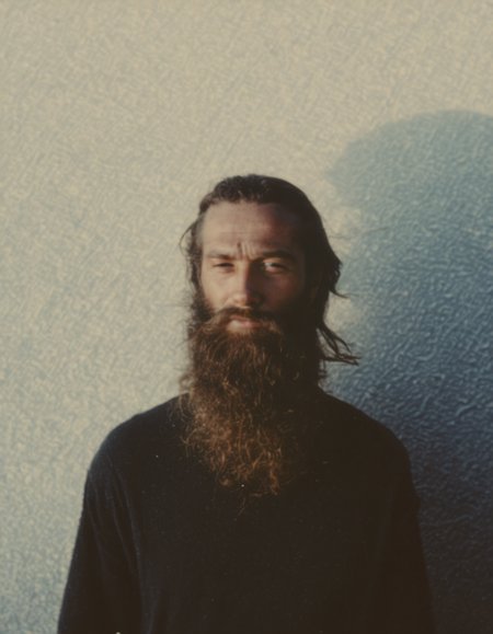 polaroid film photography, faded film, soft focus, man with long beard, 4k, uhd, masterpiece