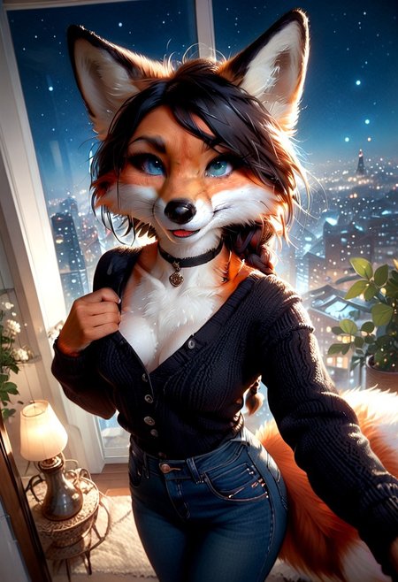 score_9, score_8_up, score_7_up, braided black hair, anthro fox female,foxfolk,perfecteyes,blue eyes, one eye covered by hair, open chest, medium breasts, down blouse,black choker, black knittet sweater,over sized sweater, tights, jeans,from above, selfie, looking at viewer,dutch angle, perfect quality, high quality,  at night ,cosy athmosphere, expressiveH