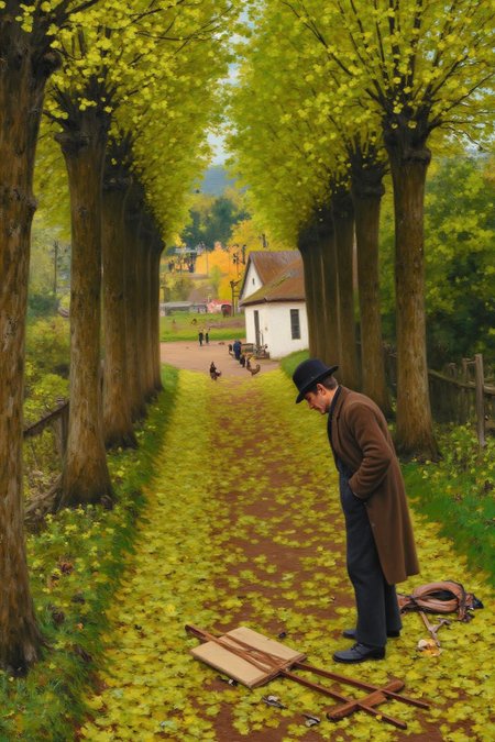 hansandersenbrendekilde1 painting.
A man in a long brown coat and black hat stands on a leaf-covered path, looking down at an easel lying on the ground. In the background, chickens walk around a white structure with a thatched roof. Tall trees with green foliage frame the path. <lora:hansandersenbrendekilde1_cap_d8a4e11:1.0><lora:855171981178330451:0>