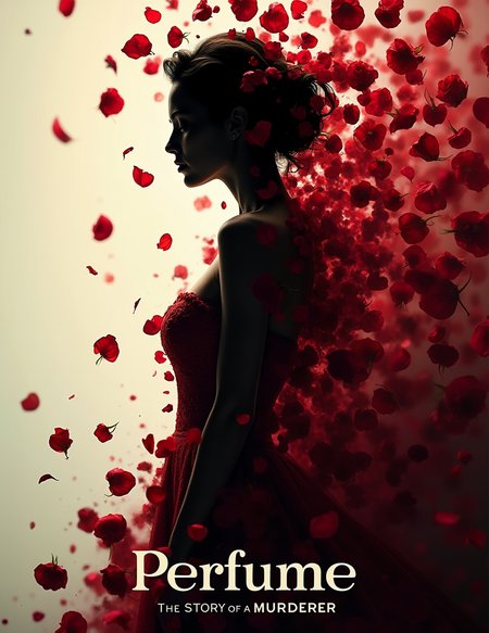 a movie poster, The focal point is the silhouette of a woman with red rose petals flowing from her body, which gradually disintegrate into the air. The petals symbolize sensuality and fragility, adding a haunting, artistic effect to the poster. The woman's profile is elegant yet dark, reflecting the film's themes of beauty, obsession, and murder. The title "Perfume" is displayed prominently at the bottom, with the subtitle "The Story of a Murderer" beneath it. The overall tone of the poster is eerie and mysterious, with a focus on the contrast between beauty and horror. 