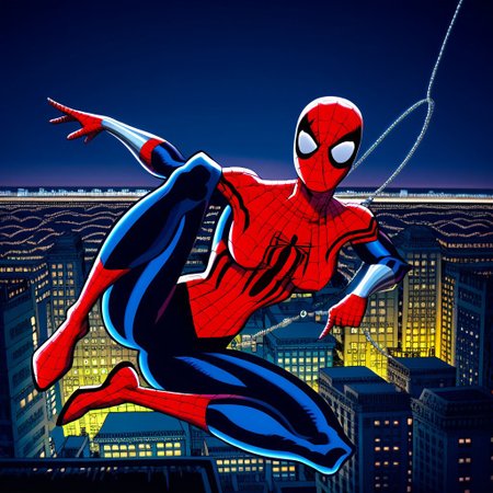 ,spider web, city, night,city skyline,outdoors,  Mayday_MC2,  SGMC2, mask, bodysuit, spider web print, bracers, gloves, superhero, perky breasts, mayday parker, spider-girl costume, wide hips, round ass,, holding web,  spider webs, webs, webswinging,flying,