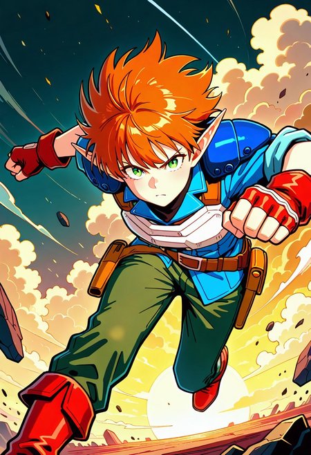 masterpiece, best quality, amazing quality, very aesthetic, absurdres, newest, 1boy, male, arthuffl3, brown-orange hair, green eyes, with long elf ears, blue shoulder pads, white breastplate, sci-fi military shirt, green jeans, belt with holster, red fingerless gloves, red boots, ((action pose)), close up, looking at viewer
