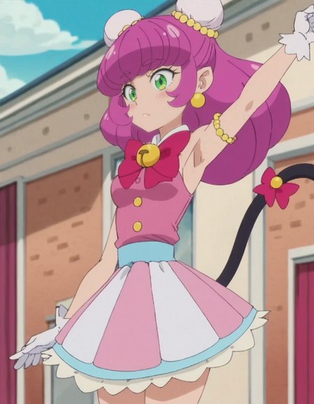 score_9, score_8_up, score_7_up, anime screencap, solo,1girl,mao, white gloves, pink dress, striped skirt,jewelry, earrings, bow,  sleeveless, bun cover, cat tail, tail ornament,cowboy shot,blush,armpit focus,medium breasts<lora:mao:0.8>